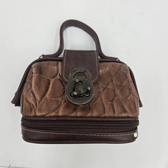 Vintage Brown Crocodile Embossed Leather Vanity Case Makeup Bag 6"x4"x3.5" 80s - Picture 1 of 12